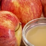 unfiltered, raw apple cider vinegar with mother - a small galls bowl surrounded by fresh red apples.