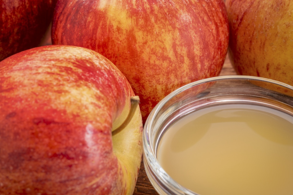 unfiltered, raw apple cider vinegar with mother - a small galls bowl surrounded by fresh red apples.