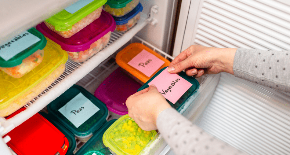 woman labeling vegetables for the freezer