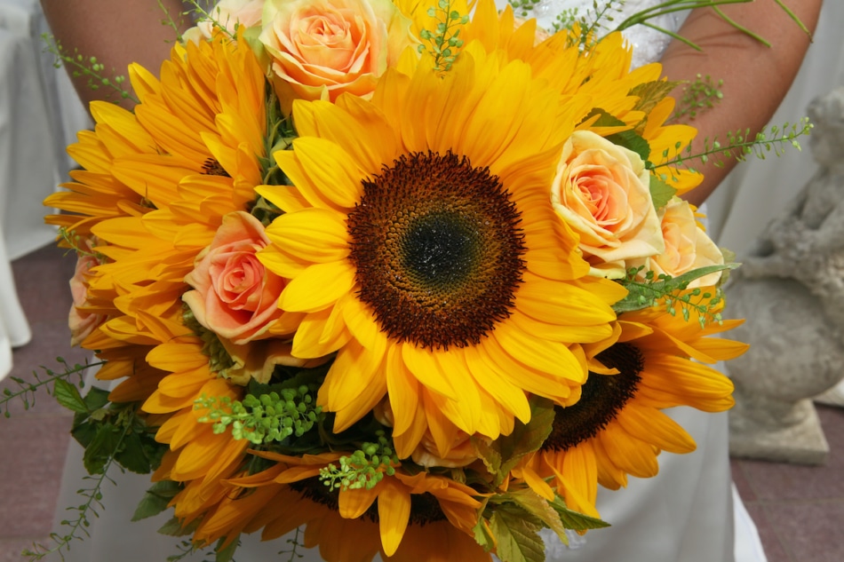 Bride holding sunflower bouquet