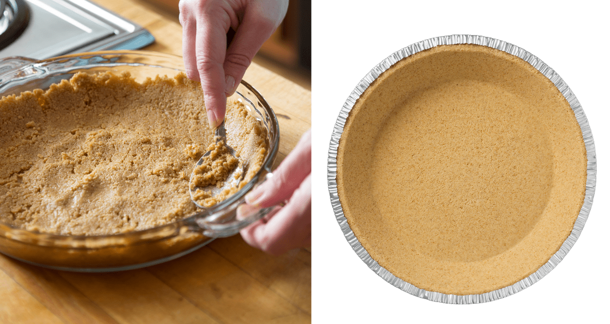A graham cracker crust, homemade and store-bought side by side, to make your own ice cream pie.