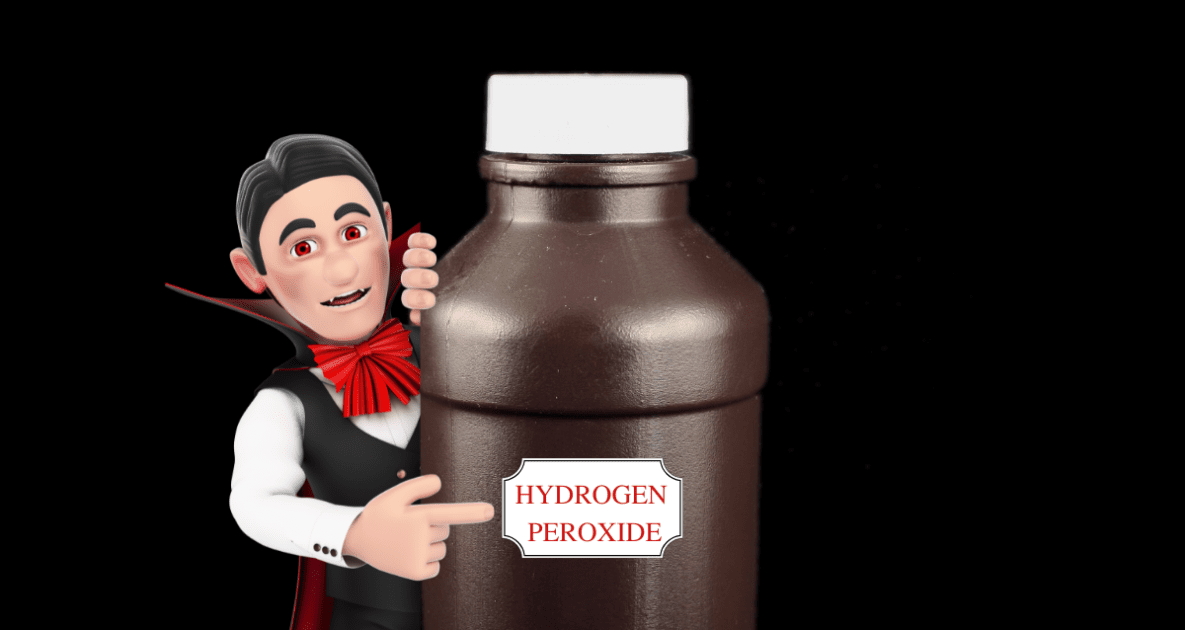 dracula illustration and a bottle of hydrogen peroxide.