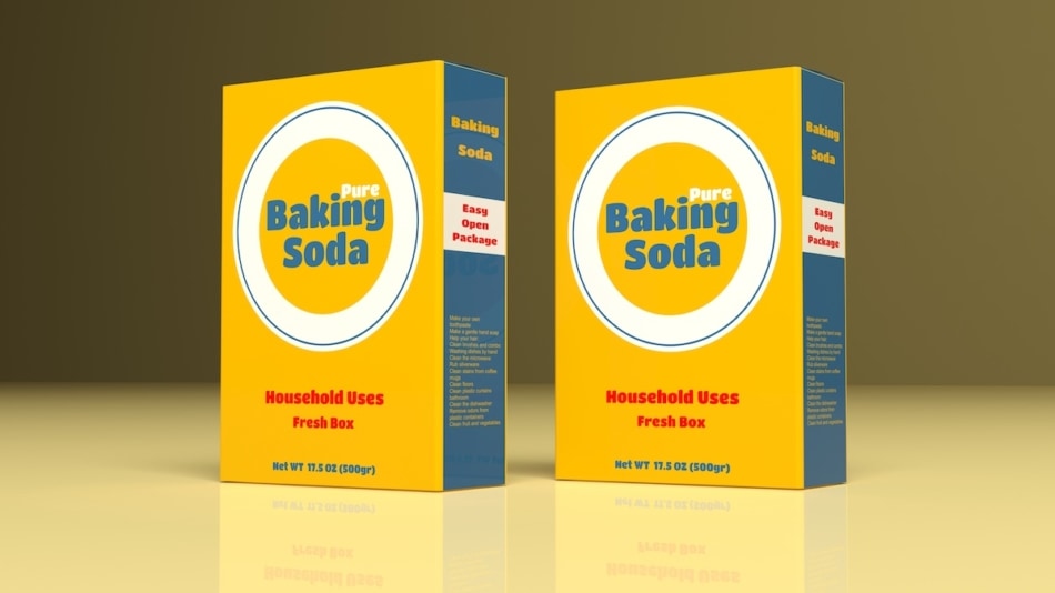 Baking soda paper packages on colored background.