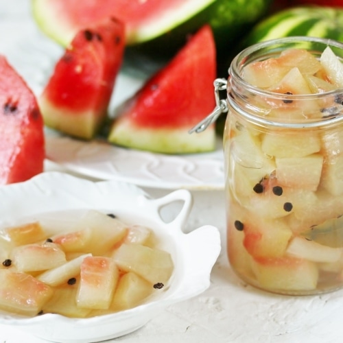 Pickled Watermelon Rind. marinated watermelon. recipes from watermelon. concept of nutrition without waste. conservation and stocks for the winter.