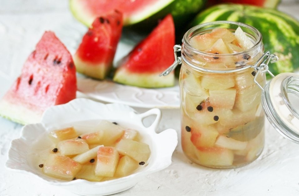 Pickled Watermelon Rind. marinated watermelon. recipes from watermelon. concept of nutrition without waste. conservation and stocks for the winter.