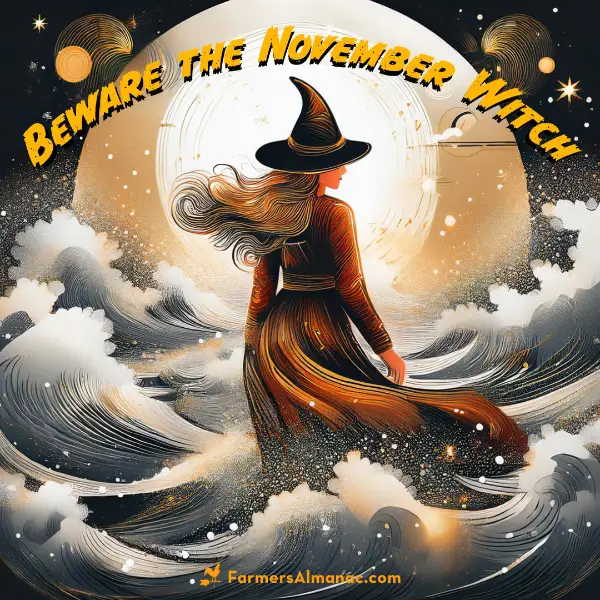 November gales on either side of a witch representing fabled witch storms.