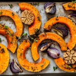 Roasted Butternut Squash Slices with Red Onions and Thyme, close up