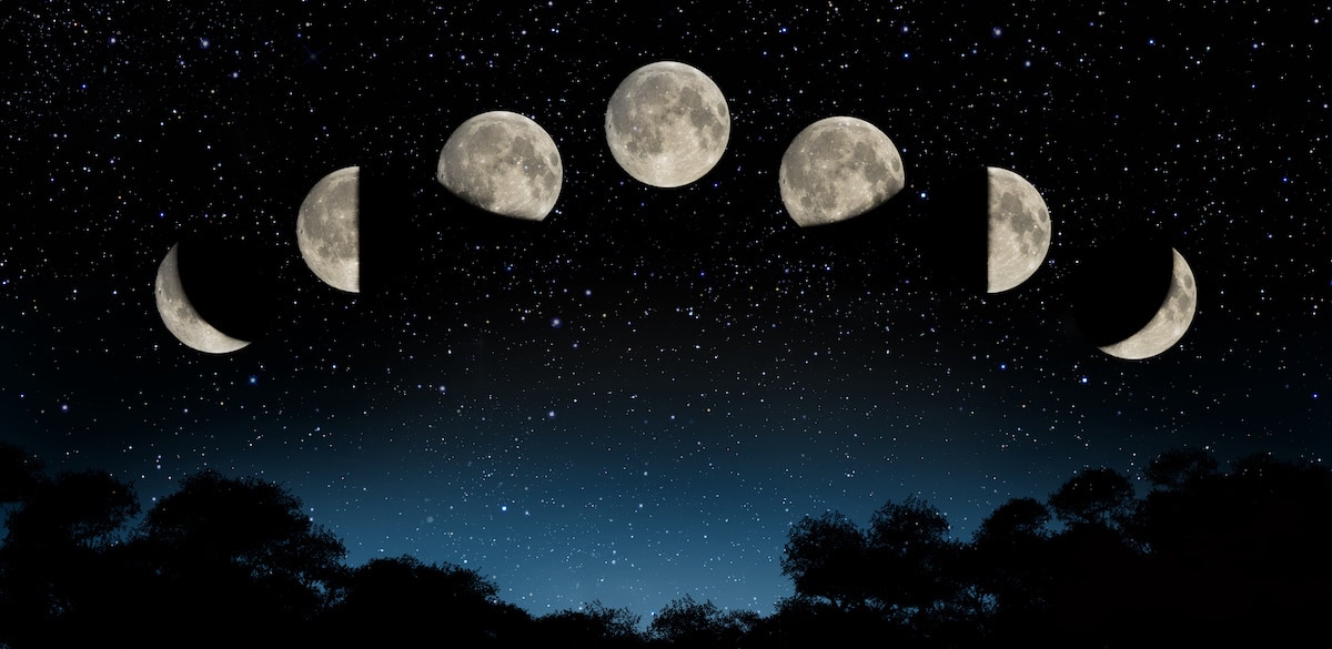 Moon phases across night sky.