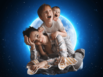 Two kids climbing on mom's back with full Moon in background.