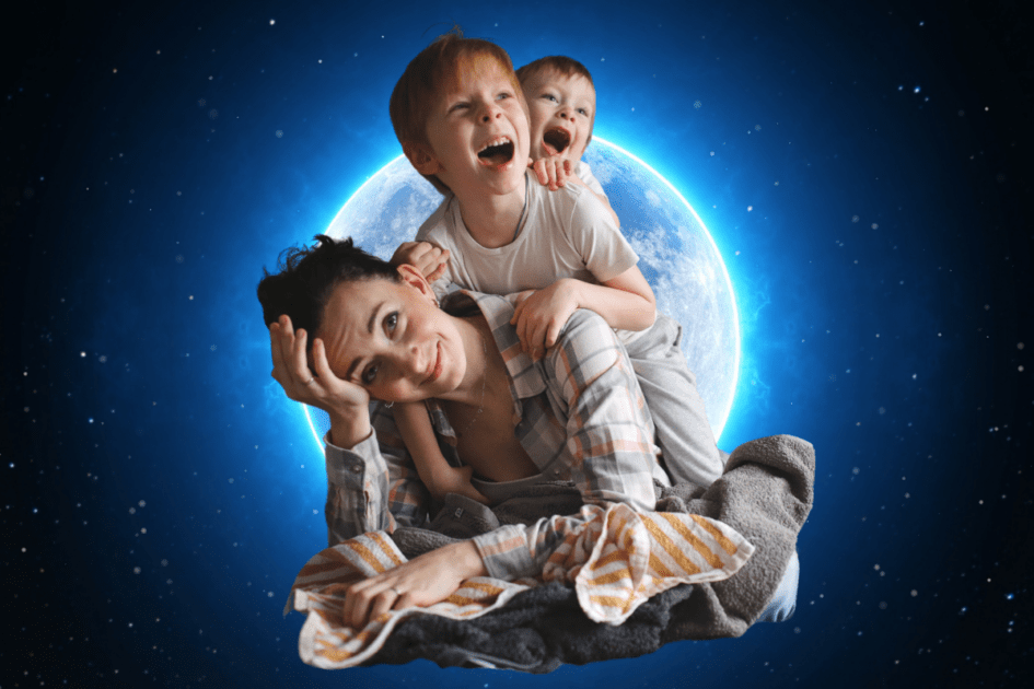 Two kids climbing on mom's back with full Moon in background.