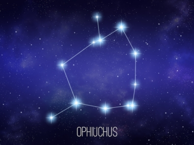 Ophiuchus zodiac constellation on a starry space background with lettering.