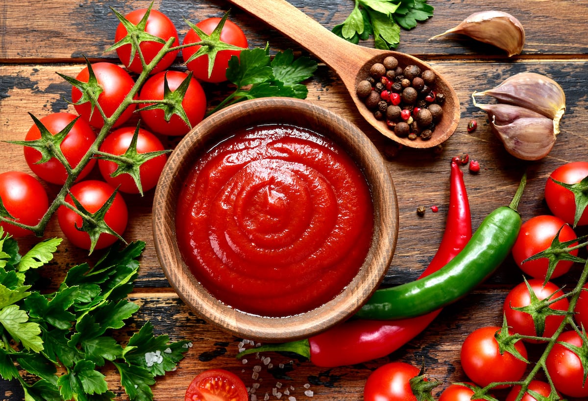 Glass bottle of homemade ketchup