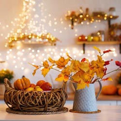 Autumn kitchen interior. Red and yellow leaves and flowers in the vase and pumpkin on light background.