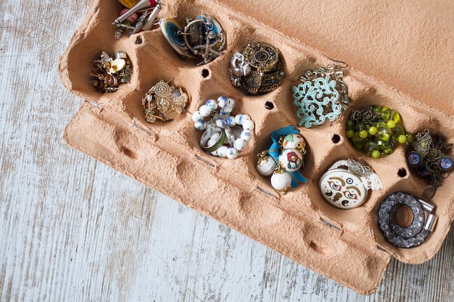 Reuse an egg carton for jewelry.
