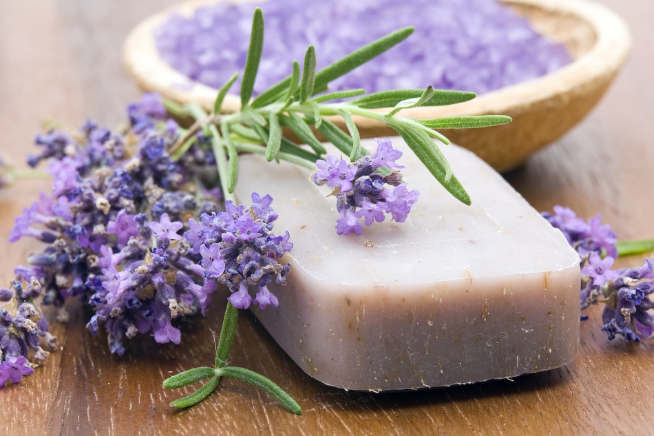 Bar of natural soap, herbs and bath salt.
