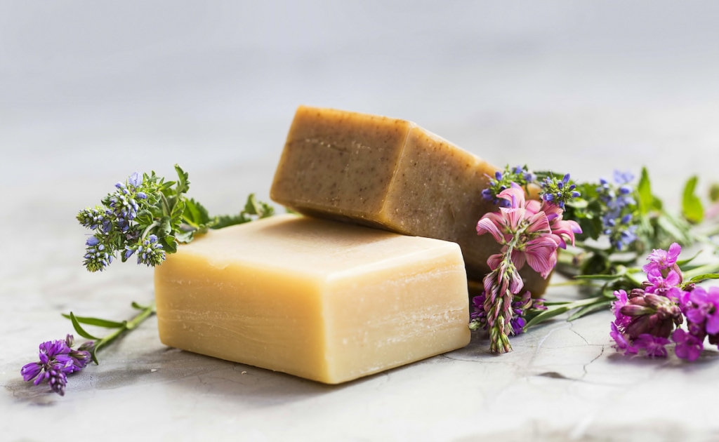 Natural handmade soap bars with flowers, spa organic soap.