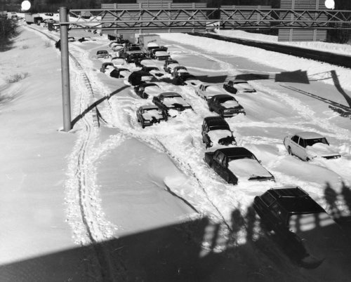 Cars stuck on Route 128 in Needham, MA during Blizzard of 1978.