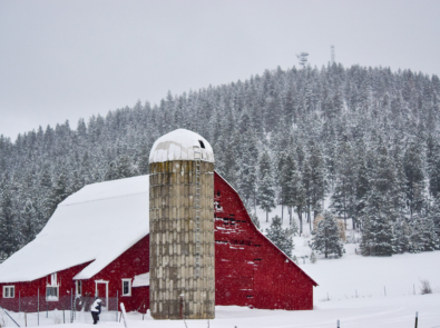 Snowy scene with red barn in foreground.