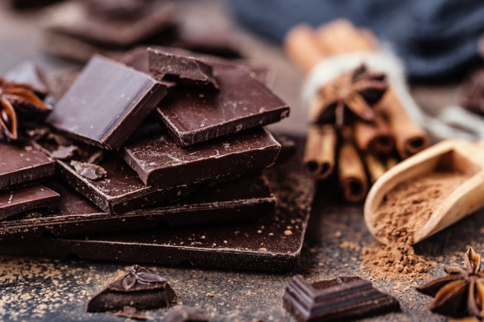 Chocolate bar pieces. Background with chocolate. Sweet food photo concept. The chunks of broken chocolate.