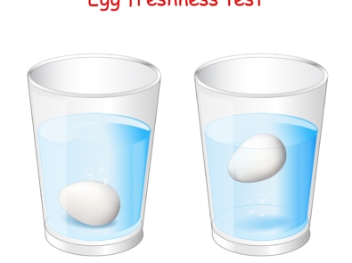 Egg freshness test. Two glasses of water and Eggs. The fresh egg will sink but the rotten one will float.