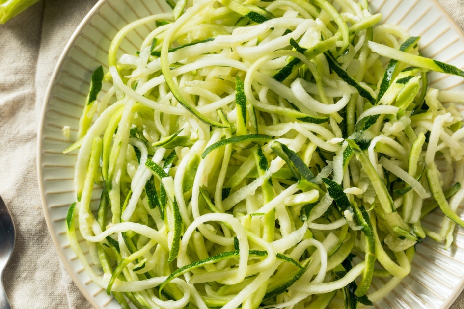 Raw Green Organic Zucchini Noodles Zoodles in a Bowl
