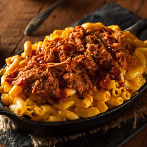 Homemade BBQ Pulled Pork Mac and Cheese.
