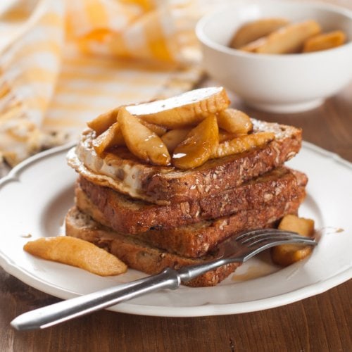 French toast with apple and maple syrup.