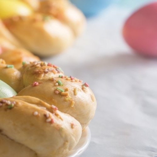 Easter bread with colored eggs