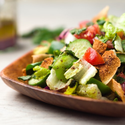 Healthy fattoush salad closeup.