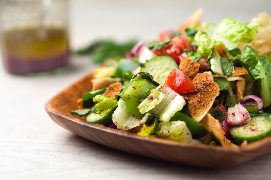 Healthy fattoush salad closeup.