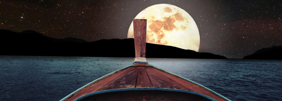 A boat sailing on the lake under a beautiful moonlit night with stars shining above.
