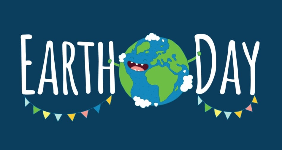 Earth Day Banner with flags and planet Earth holding the words "Earth Day."