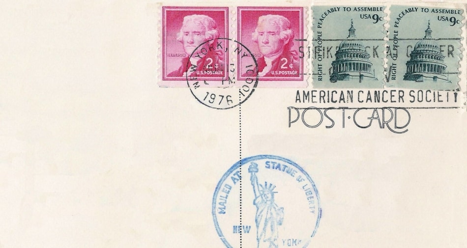 A postmarked postcard addressed to the American Cancer Society.