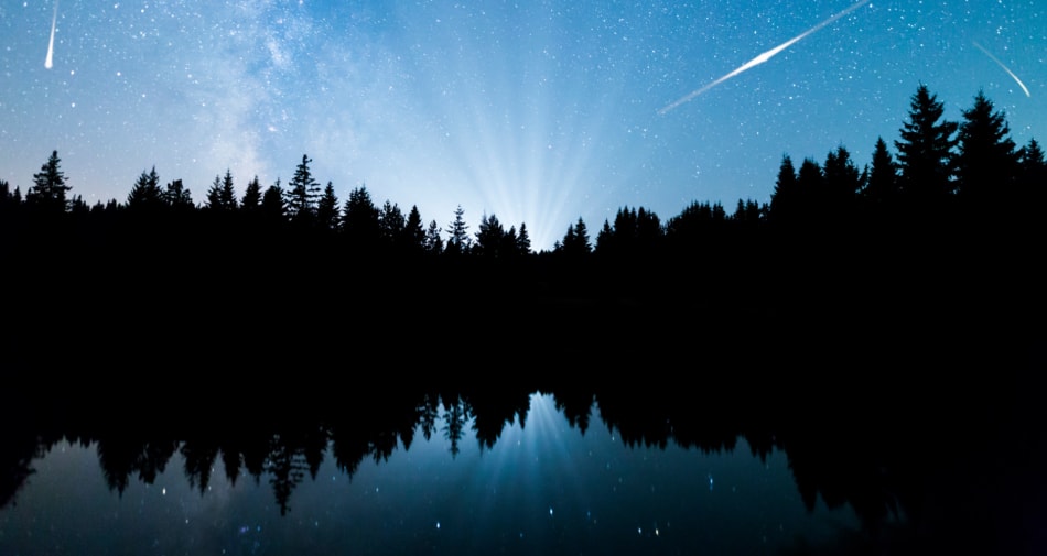 Meteor shower over pine trees and a lake.