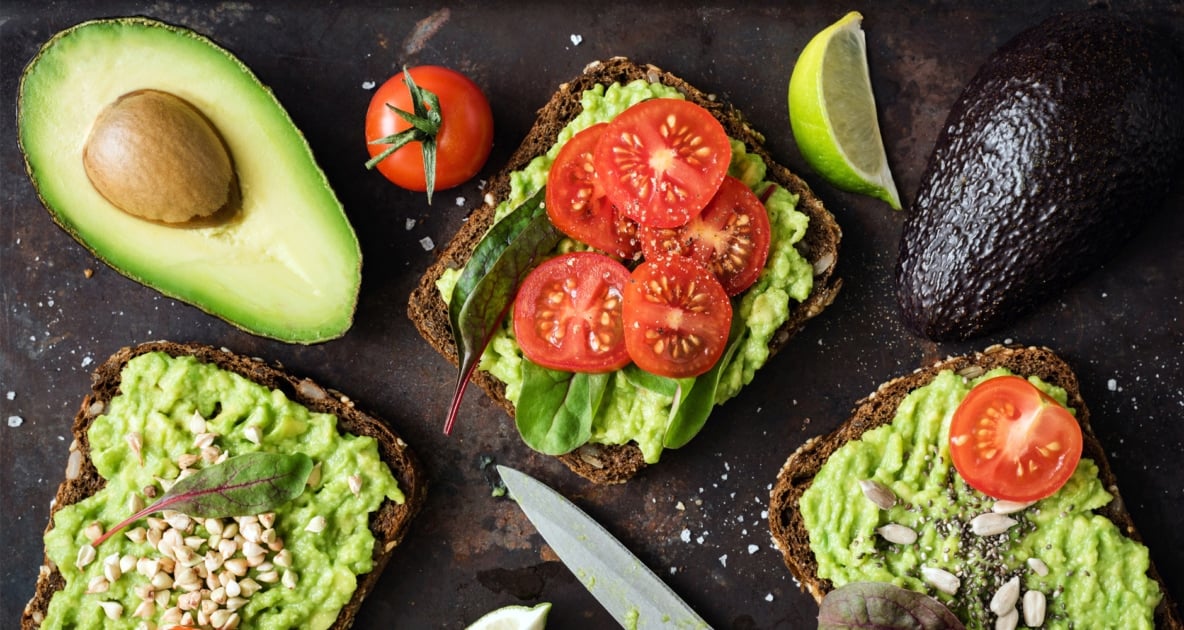 Toast with avocado and tomatoes.