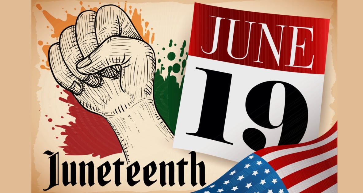 A Juneteenth showing June 19th as the date, raised fist and American flag.