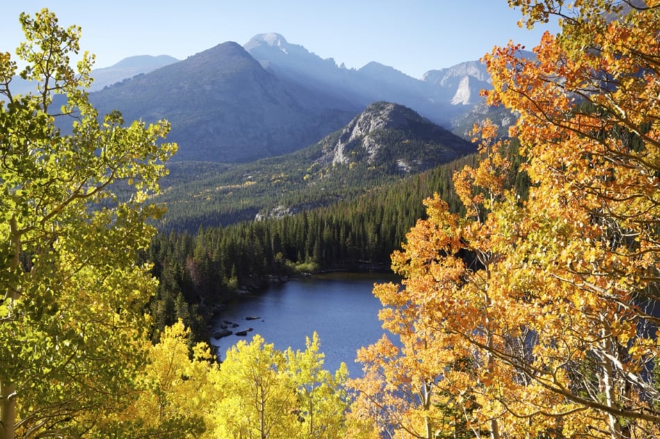 Rocky Mountain National Park with golden aspen leaves in front of a lake during autumn in Colorado.