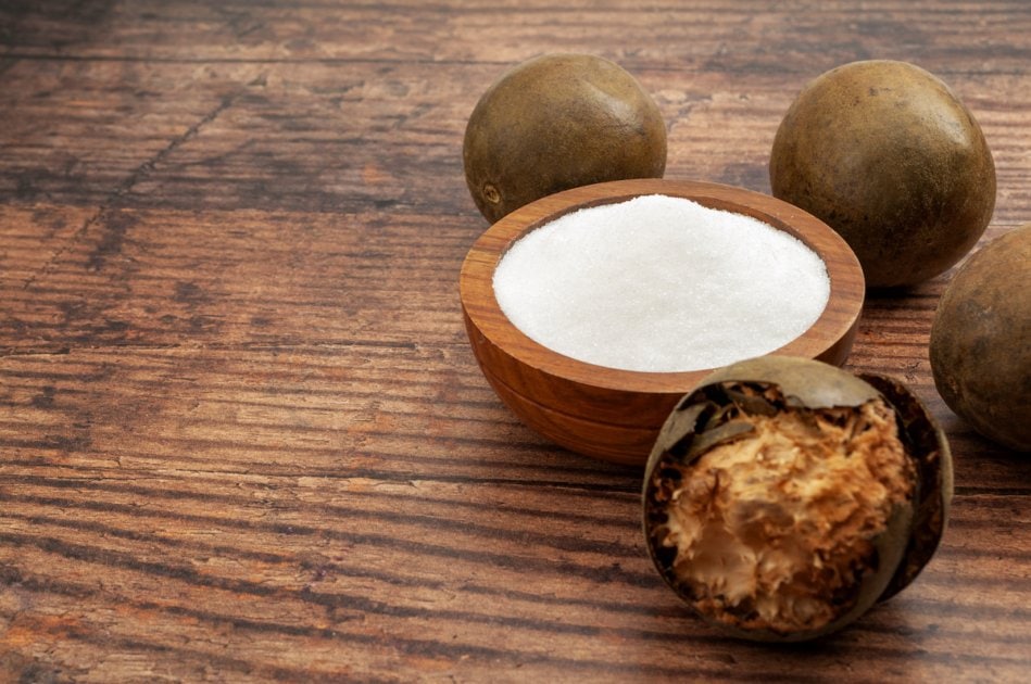 Monk fruit on wooden table.
