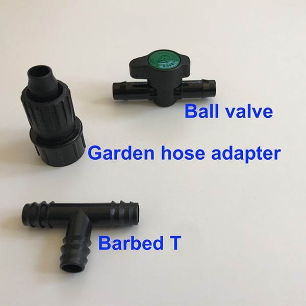 captioned photo of ball valve, garden hose adapter, barbed t