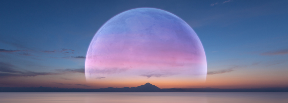 Large pink full moon rising over a mountainous island - Full Pink Moon