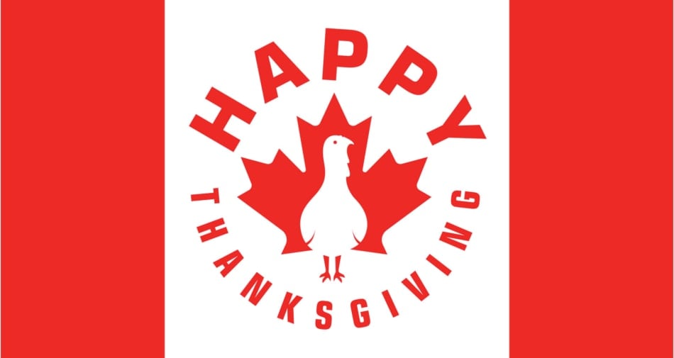 Banner of Canadian Flag Titled "Happy Thanksgiving" with an outline of turkey in the middle.