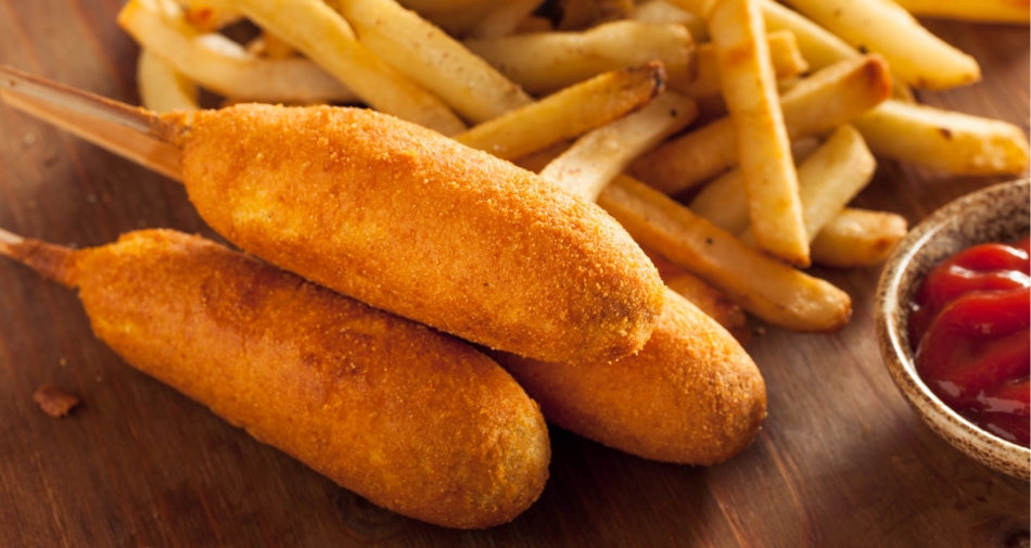 Corn dogs are breaded hot dogs.