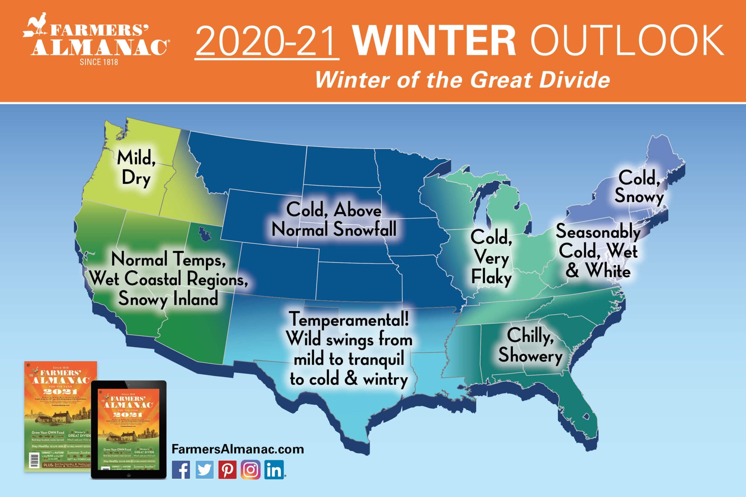Farmers' Almanac Map Extended Forecast Map for Winter 2020 to 2021 in United-States