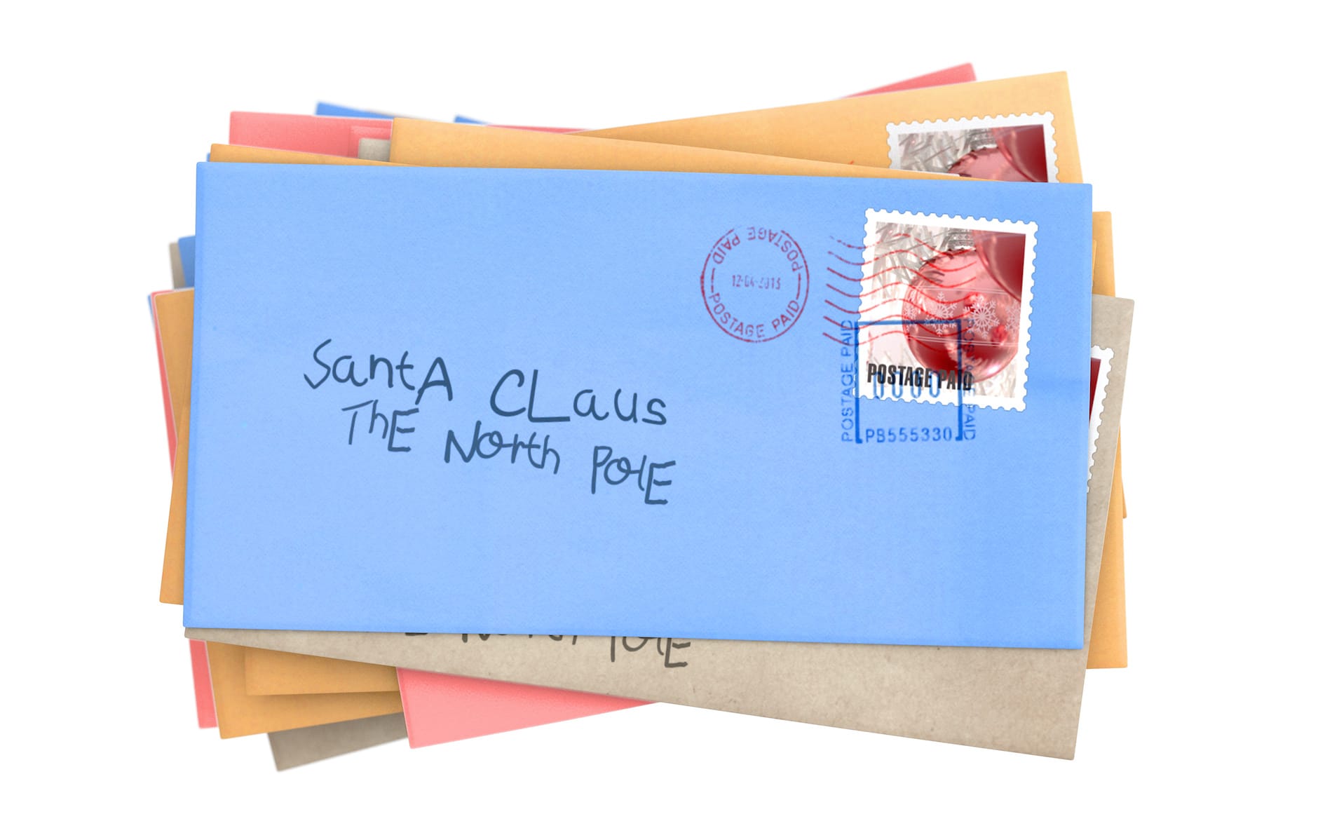 Letters addressed to Santa in a pile
