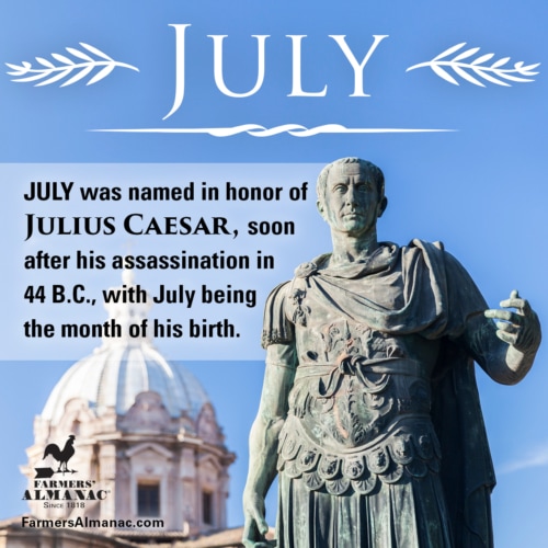 Illustration by Farmers' Almanac describing the origins of the month of July.