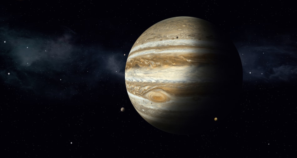 Illustration of Jupiter with satellite moons.
