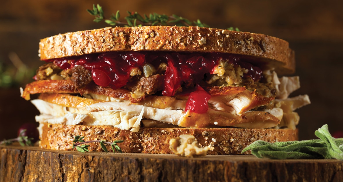 Thanksgiving leftovers in a delicious looking sandwich.