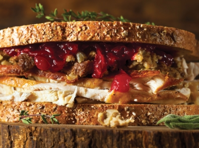 Thanksgiving leftovers in a delicious looking sandwich.