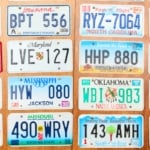 A grid of sixteen colorful United States license plates mounted on a rustic wooden surface.