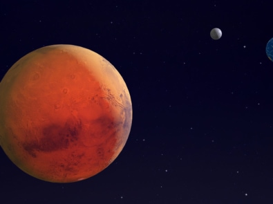 Illustration of Mars with Earth and its moon in the distance.